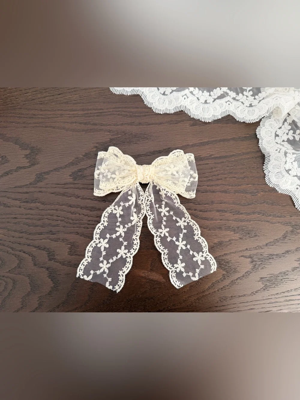 Handmade New Ivory Embroidered tulle Lace Bow Hair Clips